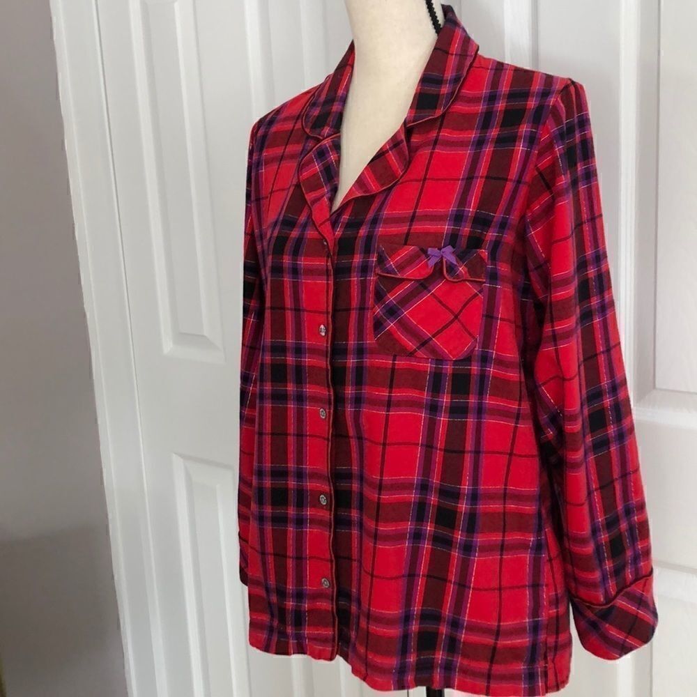 Victoria's Secret Plaid Flannel Pajama Top Metallic Lurex Red Purple Size M - Picture 9 of 15